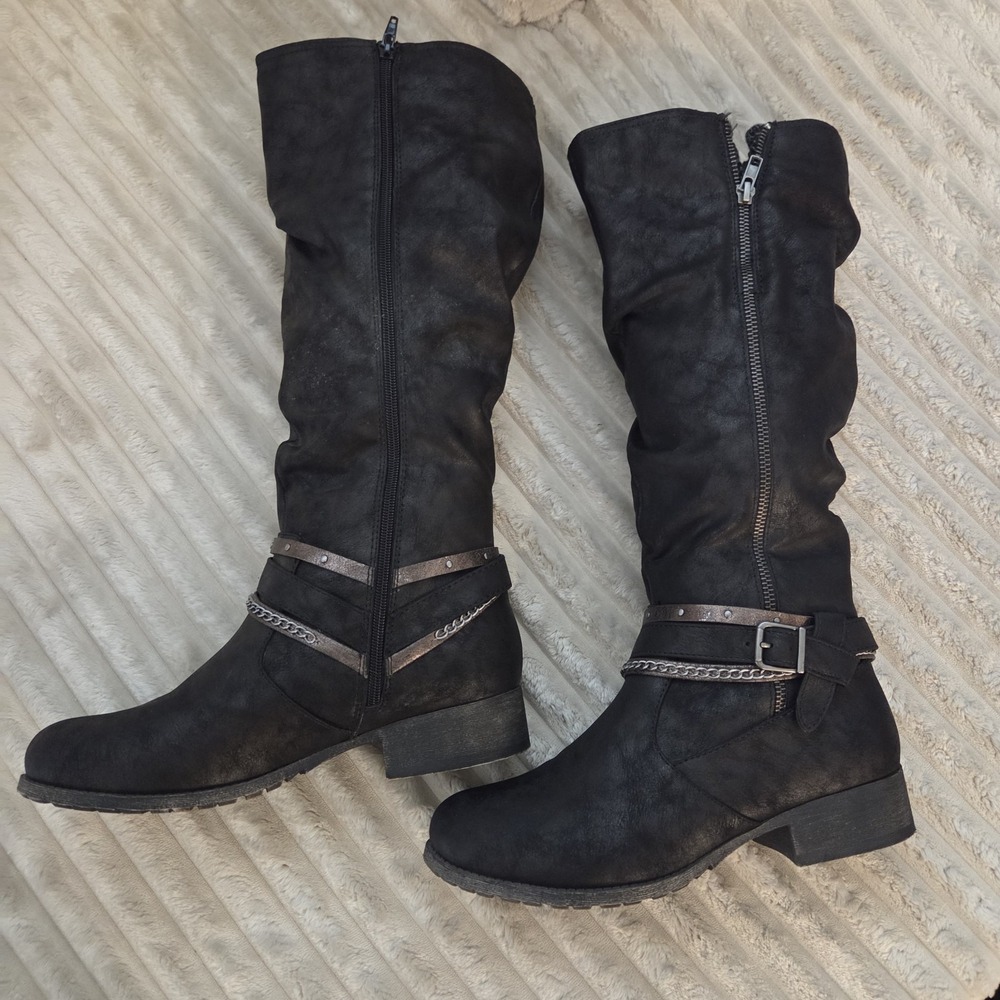 Jellypop Sierra Women's Boots Size 9.5 M Black Slouchy Mid Calf Strap Chain Zip